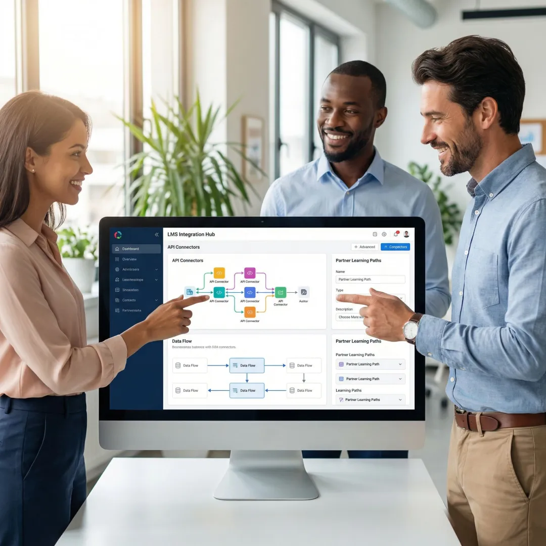 Enterprise team reviewing LMS integration templates on a monitor