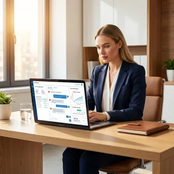 Sales professional practicing a confident pitch using AI-powered coaching tools on a laptop.