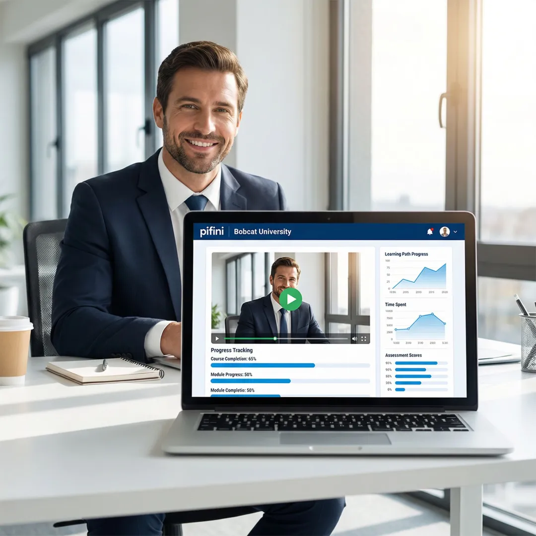 Sales professional watching a training video module on an LMS platform integrated with analytics