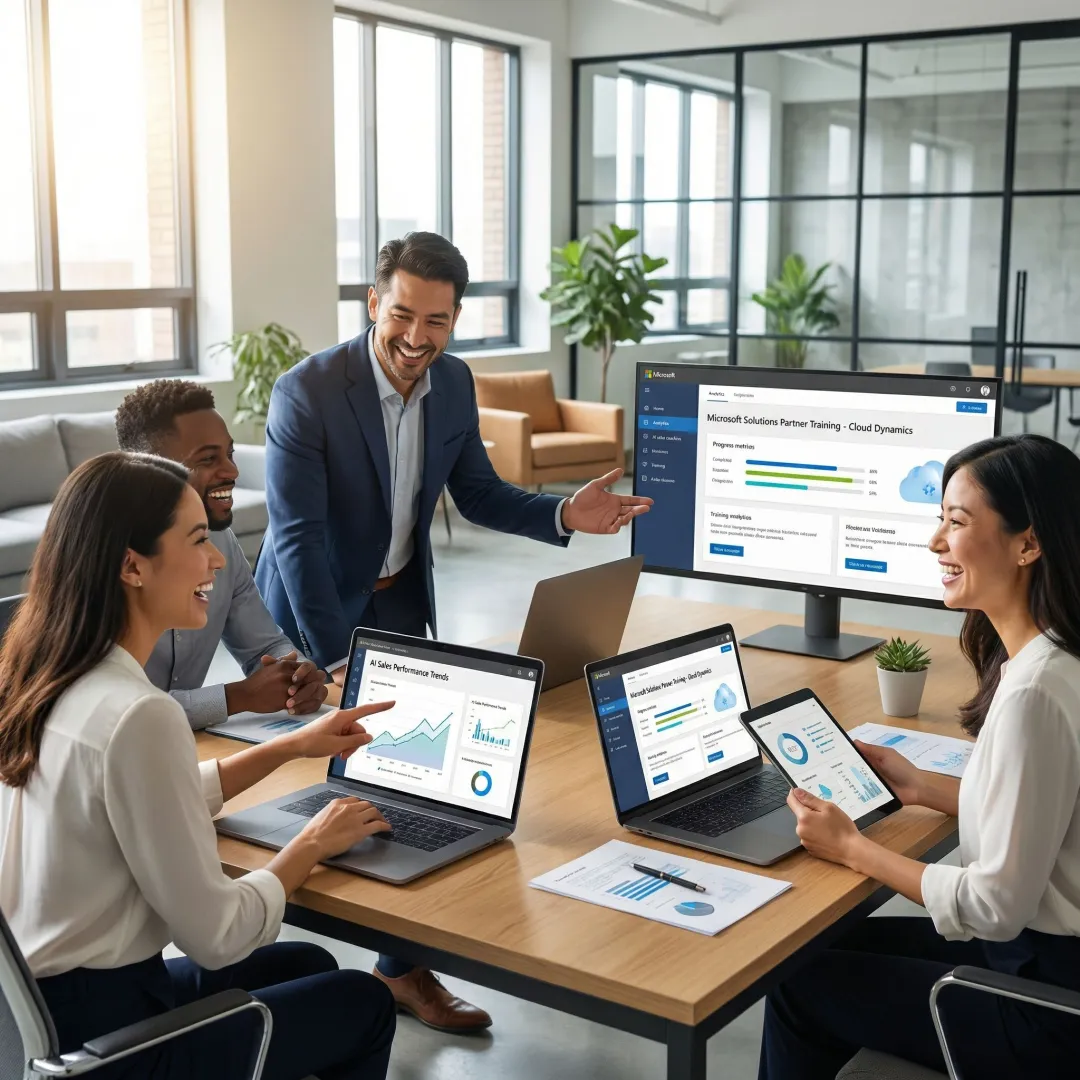 Microsoft partner sales team engaged in AI-powered training session on laptops