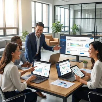 Microsoft partner sales team engaged in AI-powered training session on laptops