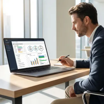 Professional completing AWS AI Practitioner certification readiness training on a laptop using an AI-powered learning platform.