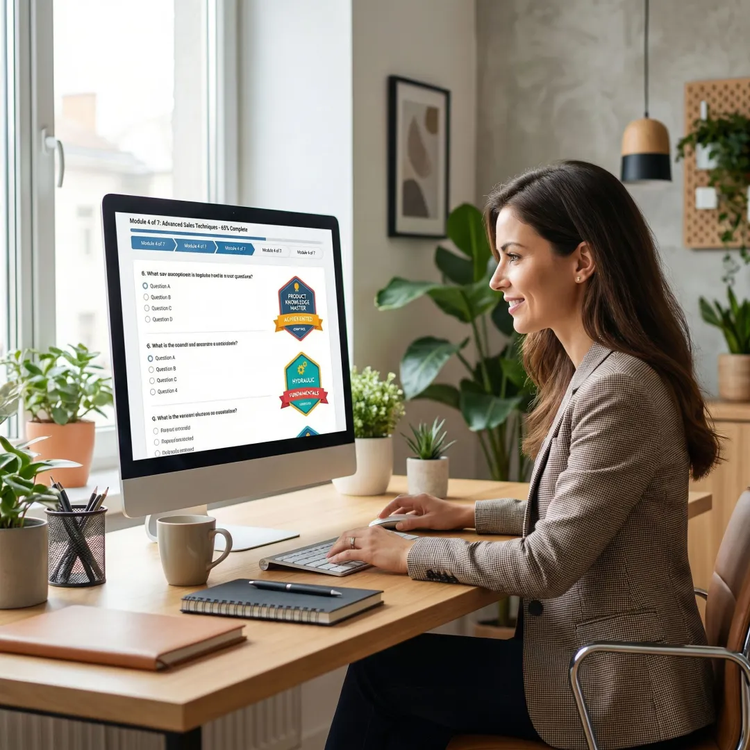Sales professional completing an AI-powered certification exam on a digital learning platform