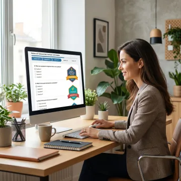 Sales professional completing an AI-powered certification exam on a digital learning platform