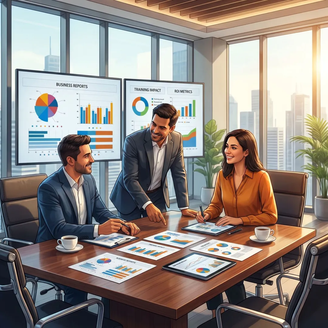 Corporate team reviewing training ROI reports