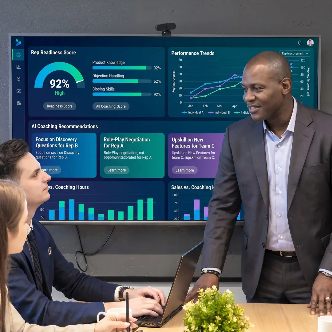Sales manager reviewing coaching analytics