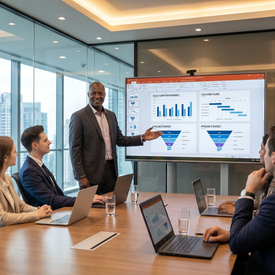 Sales leader presenting team management slides