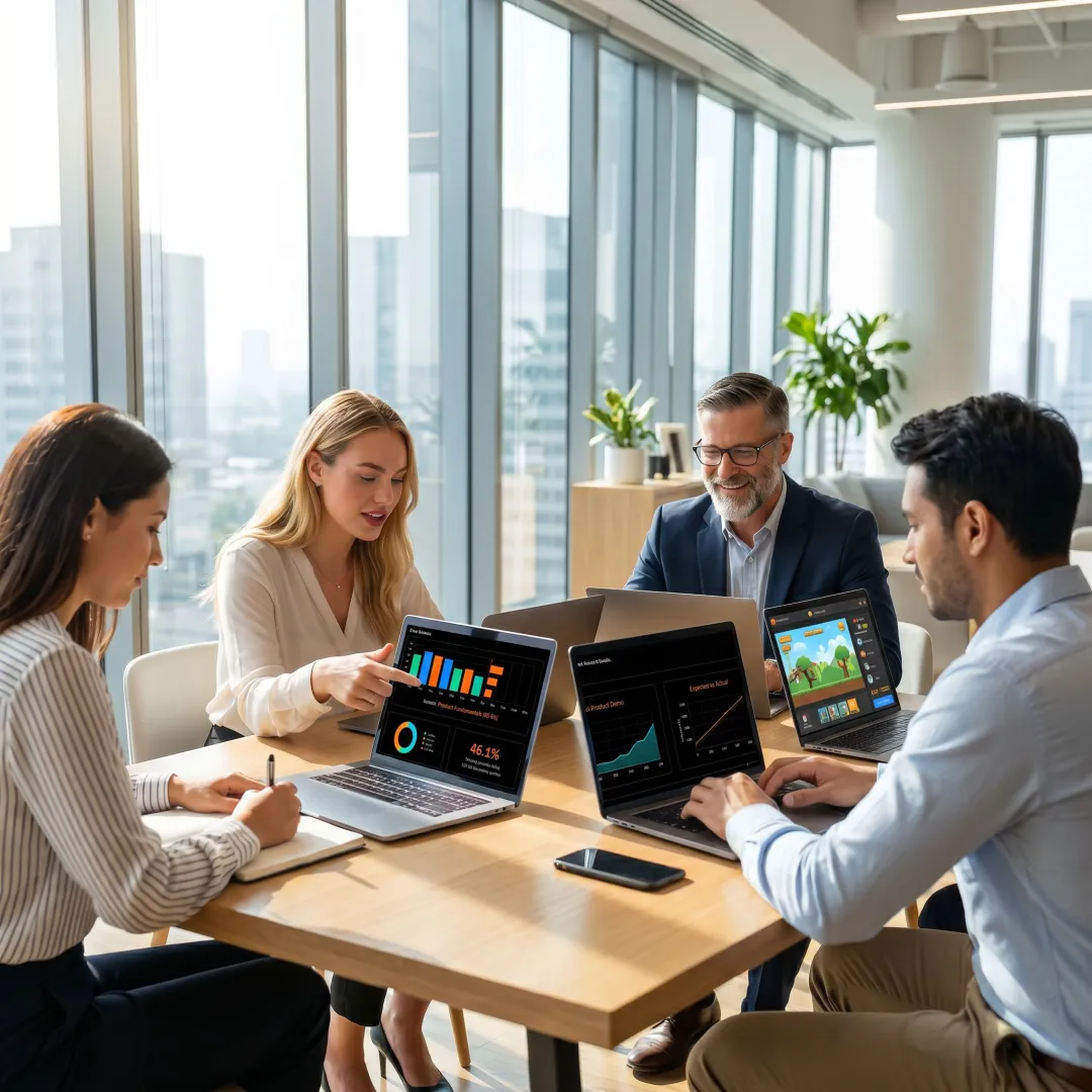 Sales team using business simulation training software
