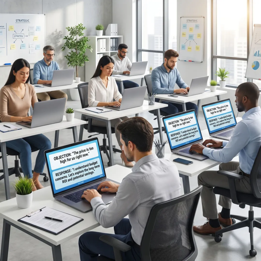 Sales team reviewing objection handling flashcards