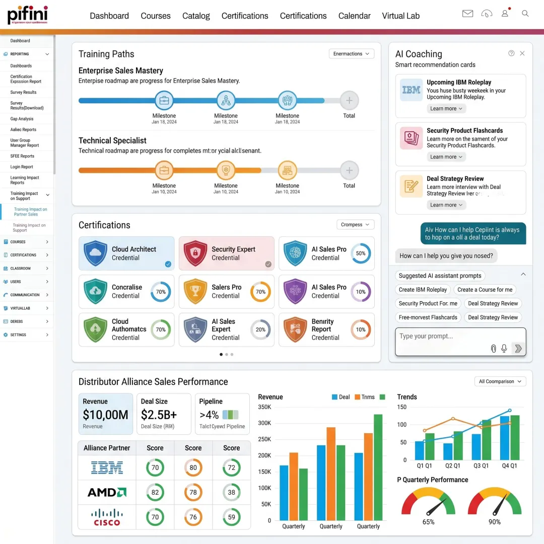 Partner sales training software dashboard for distributors and alliances
