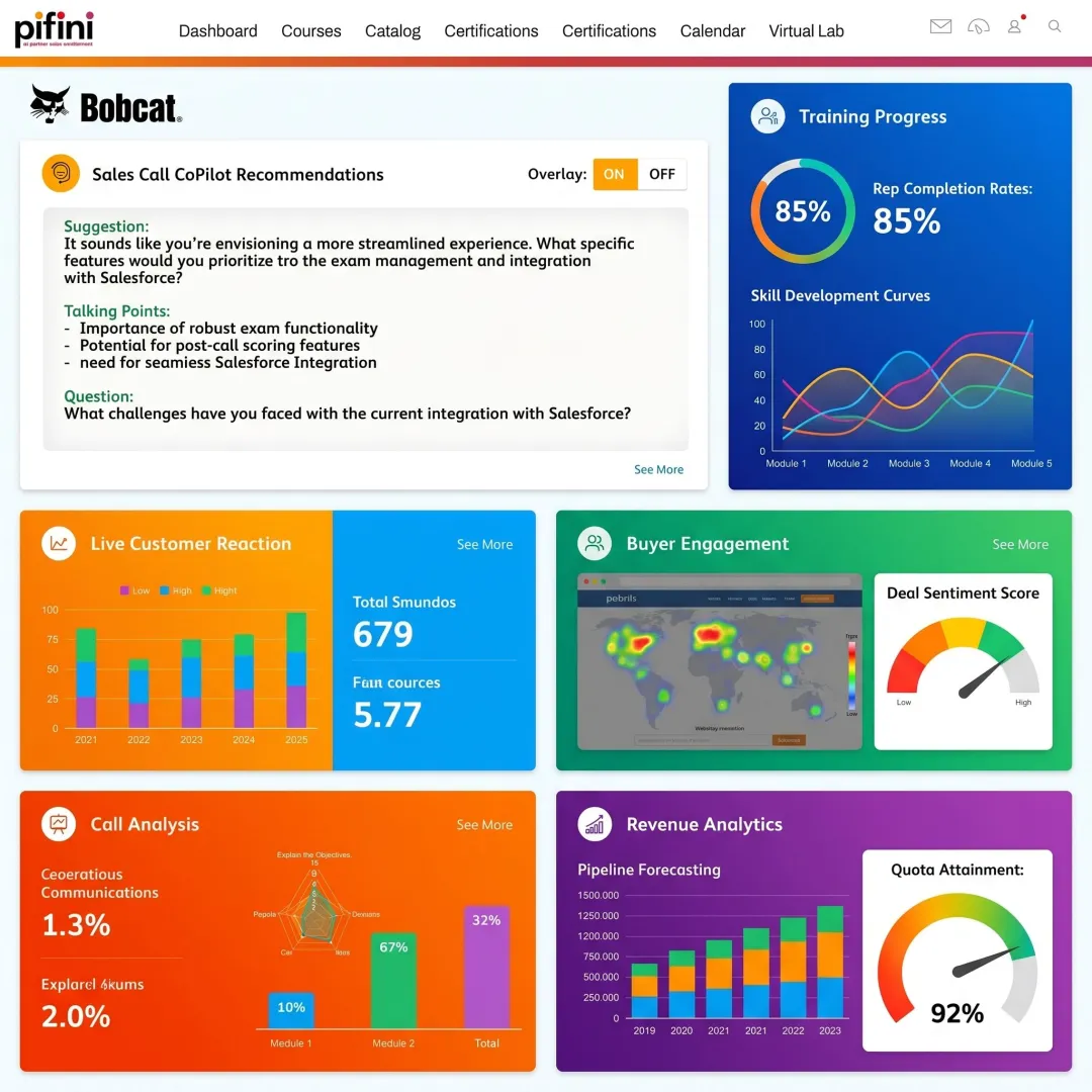 Sales enablement platform dashboard with coaching and revenue analytics