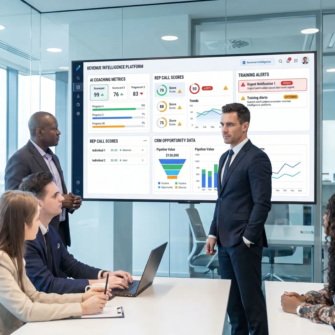 Sales manager reviewing AI coaching and CRM insights