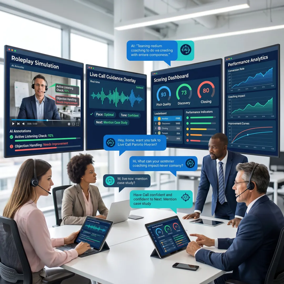 Sales coaching workflow with analytics and live guidance
