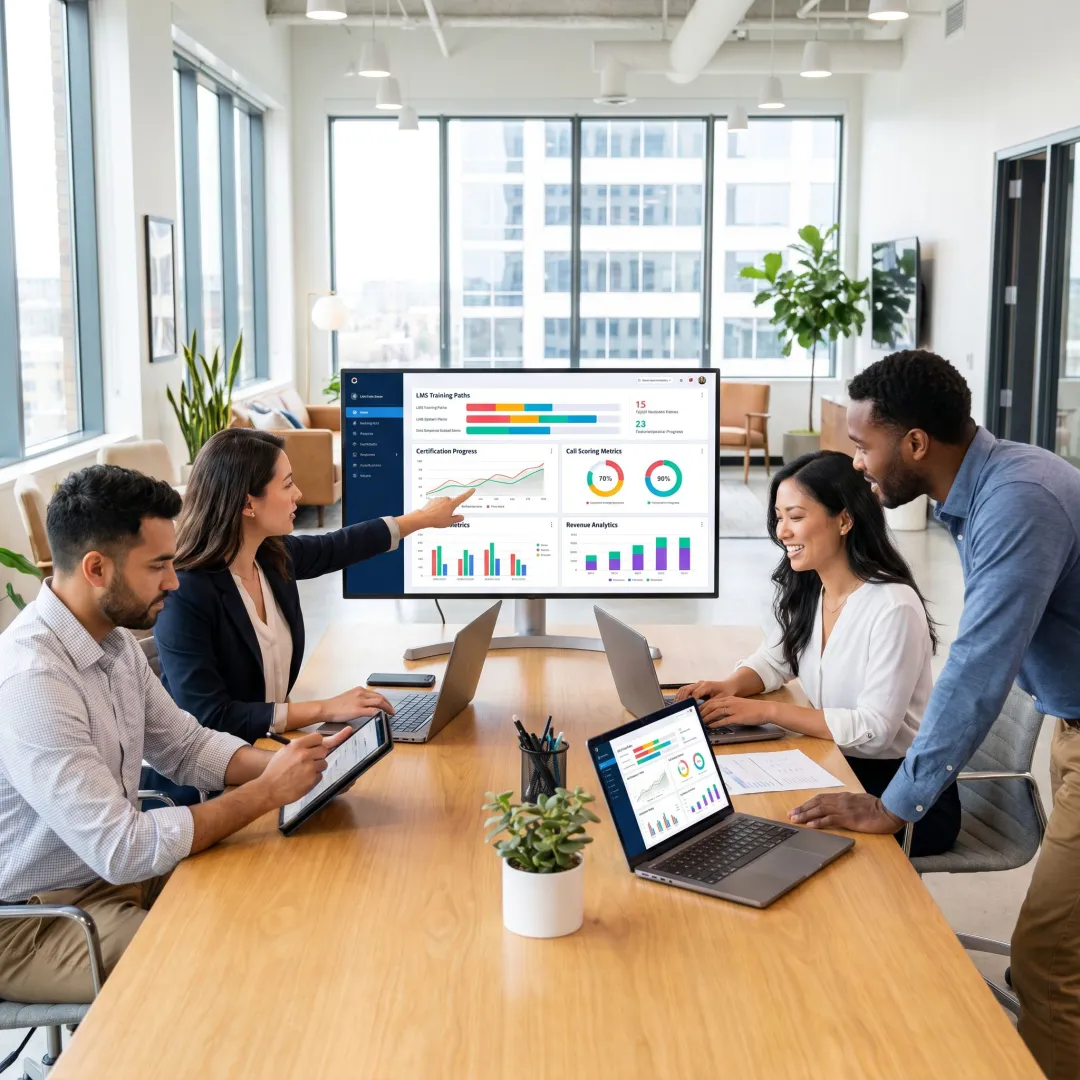 Team using LMS sales training and analytics platform