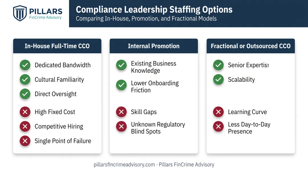 Comparison of in-house internal and fractional CCO staffing models with pros and cons