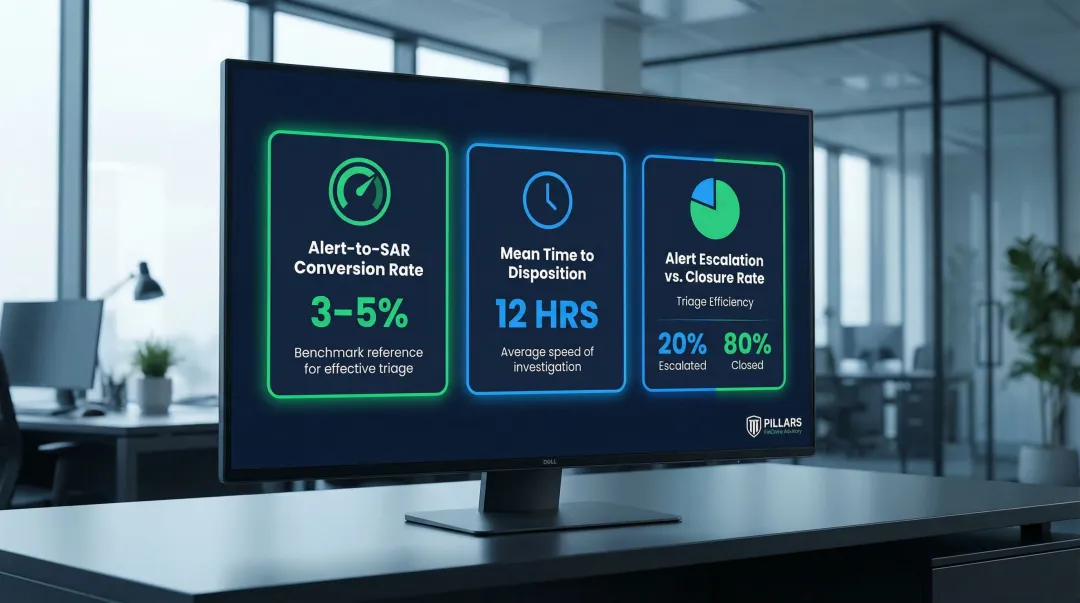 Transaction monitoring KPI benchmarks alert-to-SAR rate disposition time and escalation metrics