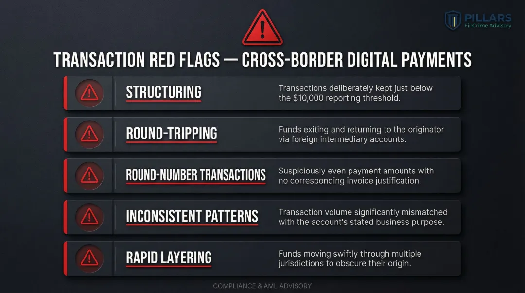 Cross-border digital payment transaction red flags including structuring round-tripping and layering