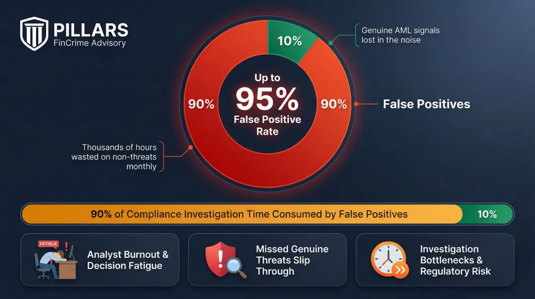 AML false positive rate 85 to 95 percent impact on compliance investigation time