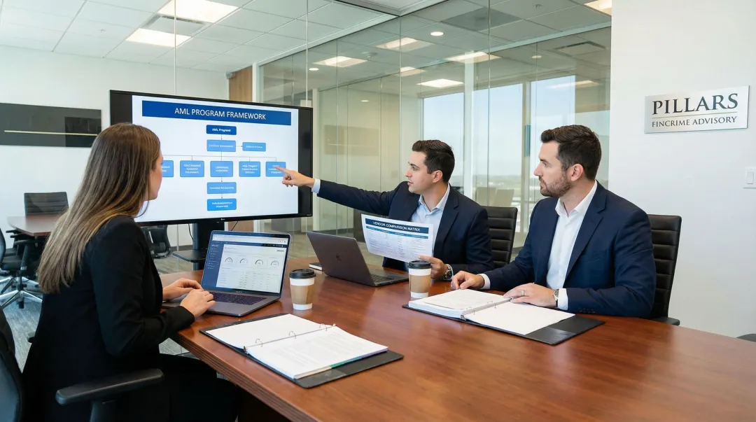 Pillars FinCrime Advisory compliance team reviewing AML vendor assessment documentation
