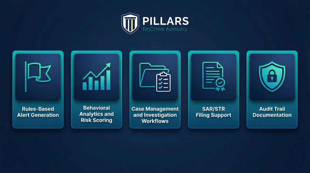 Five core AML transaction monitoring platform functions overview infographic