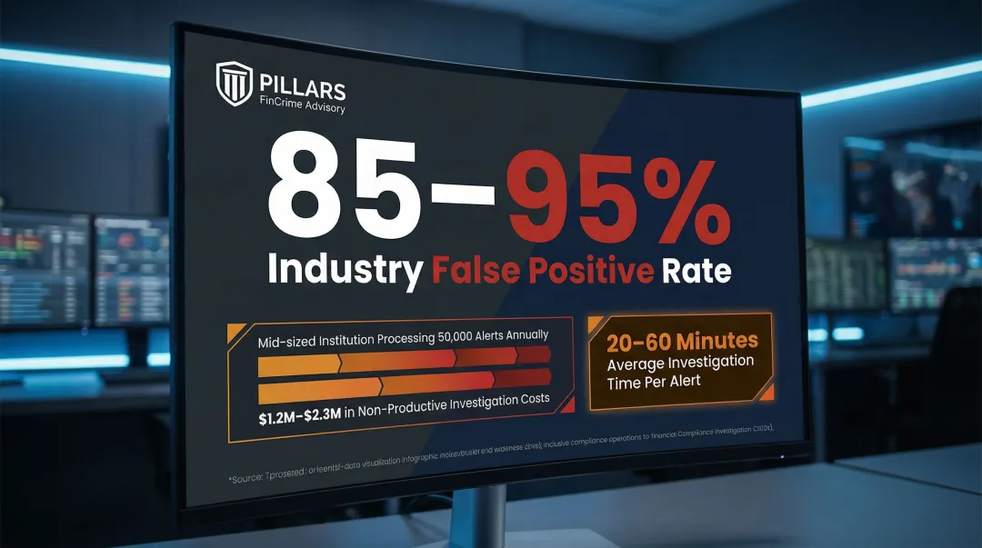 AML false positive rate cost impact showing 85 to 95 percent industry benchmark data