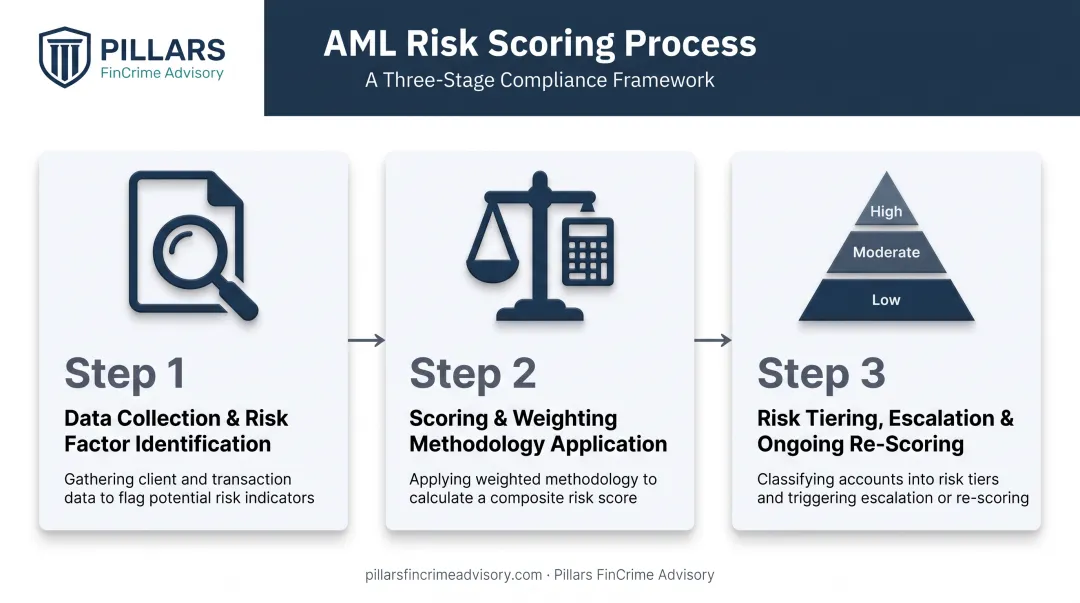 3-step AML risk scoring process from data collection to tiering