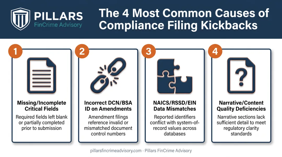 Four common causes of SAR filing kickbacks and rejections infographic