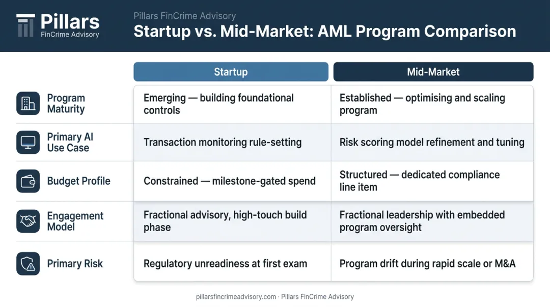 Startup versus mid-market AML AI consulting comparison table infographic