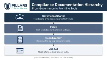 Four-level compliance documentation hierarchy from governance charter to job aid