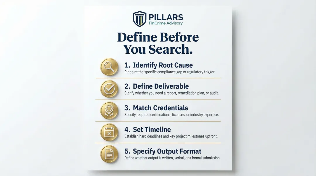 5-step compliance consulting scope definition checklist before hiring infographic