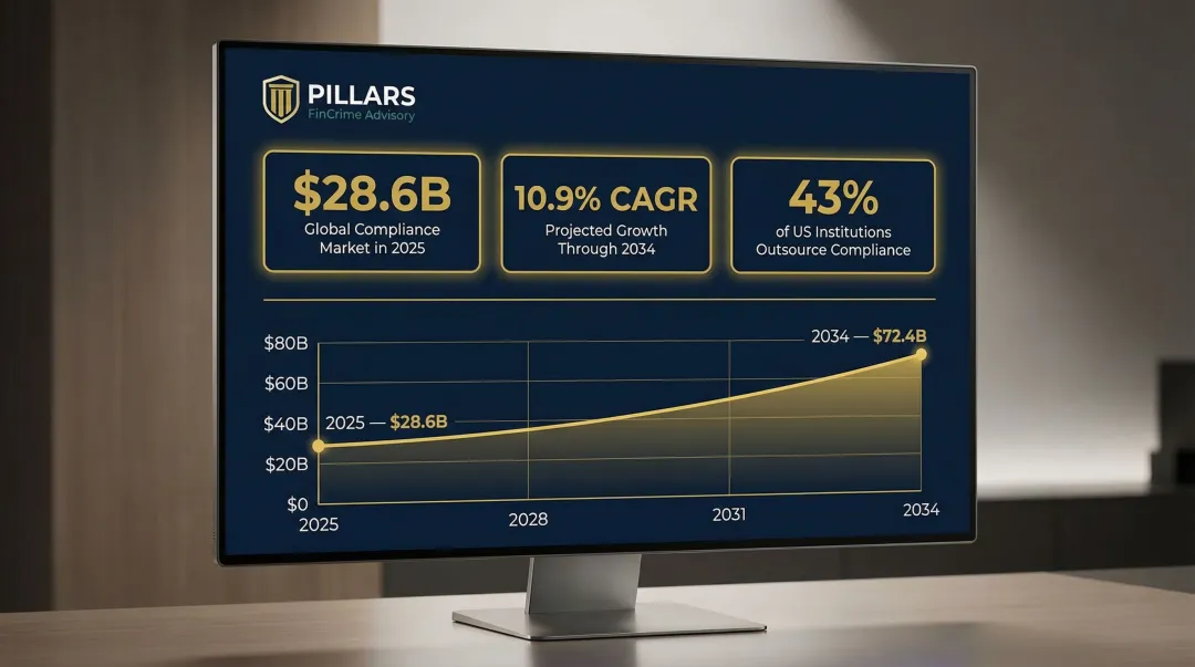 Financial crime compliance market growth statistics outsourcing rates 2025 to 2034 infographic