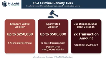 Three tiers of BSA criminal penalties fines and prison time comparison