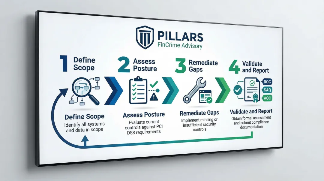 Four-step PCI DSS compliance implementation process from scoping to validation reporting