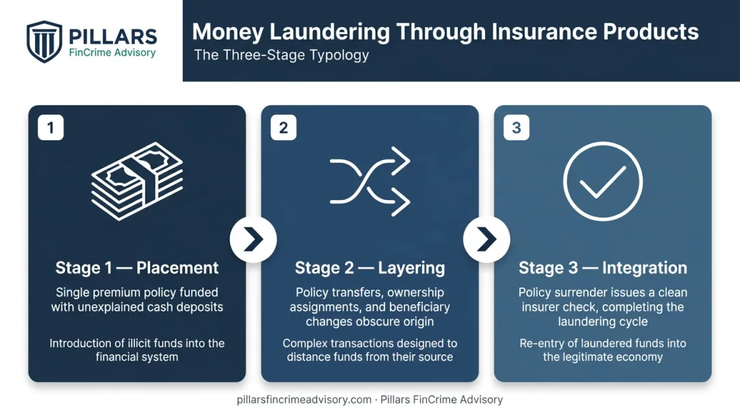 Three-stage money laundering process placement layering integration insurance products