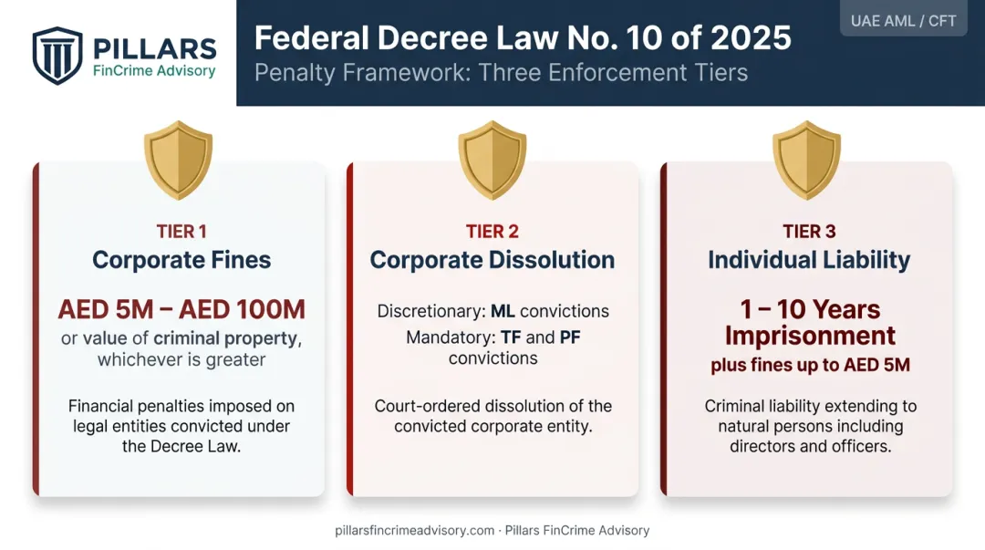 UAE AML penalty structure corporate fines dissolution and individual imprisonment comparison