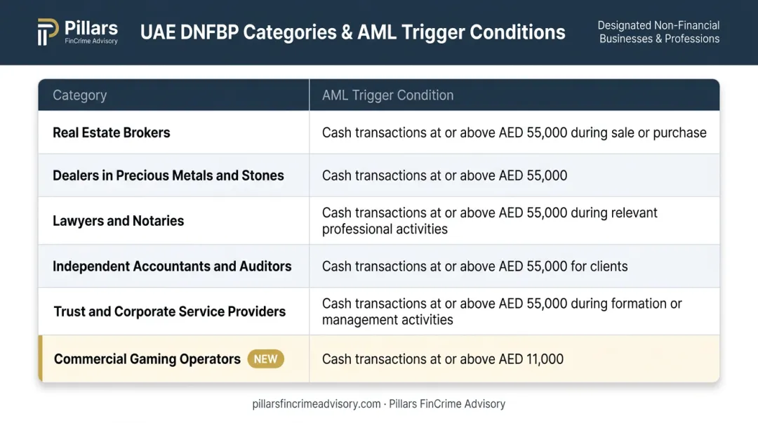 UAE DNFBP categories and AML compliance trigger thresholds comparison table