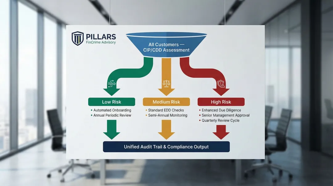 Three-tier KYC risk framework routing low medium and high risk customer pathways