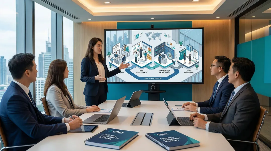 Pillars FinCrime Advisory compliance consultant reviewing AML program documentation with client