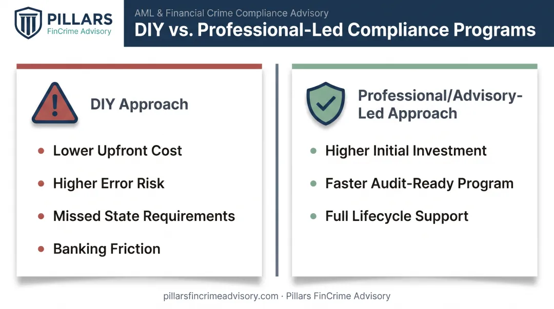 DIY versus professional MSB compliance approach cost comparison chart
