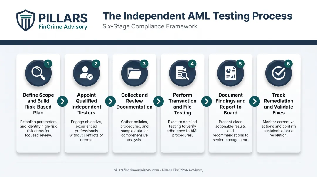 Six-step process flow for conducting independent AML testing
