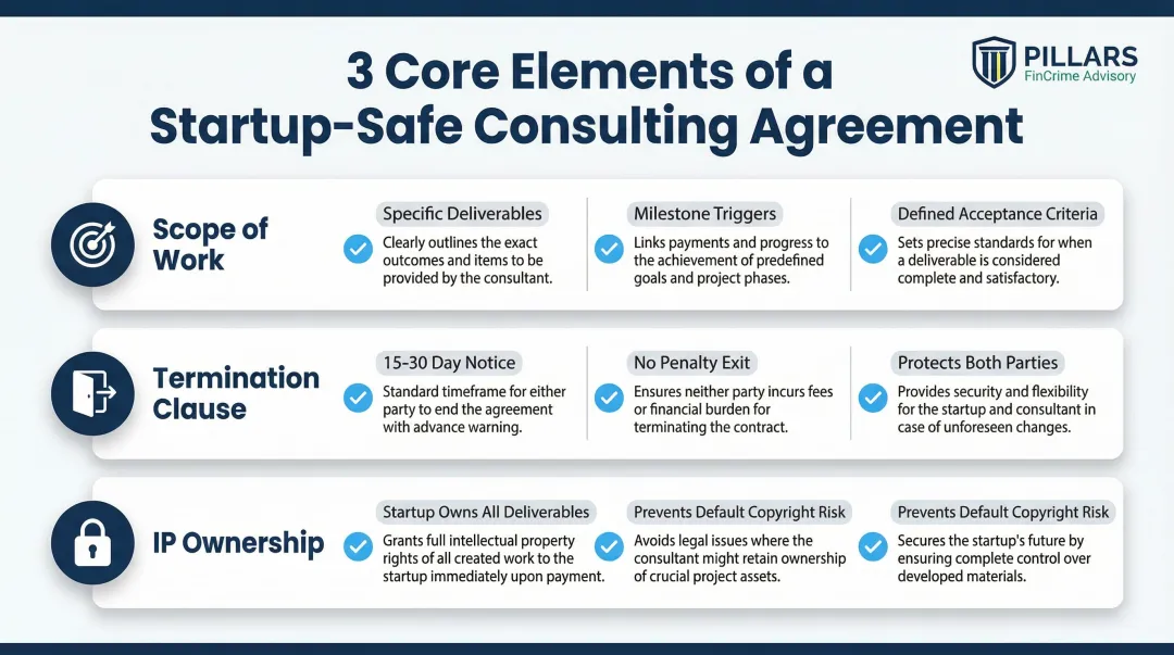 Three essential consulting agreement elements protecting fintech startup scope and ownership