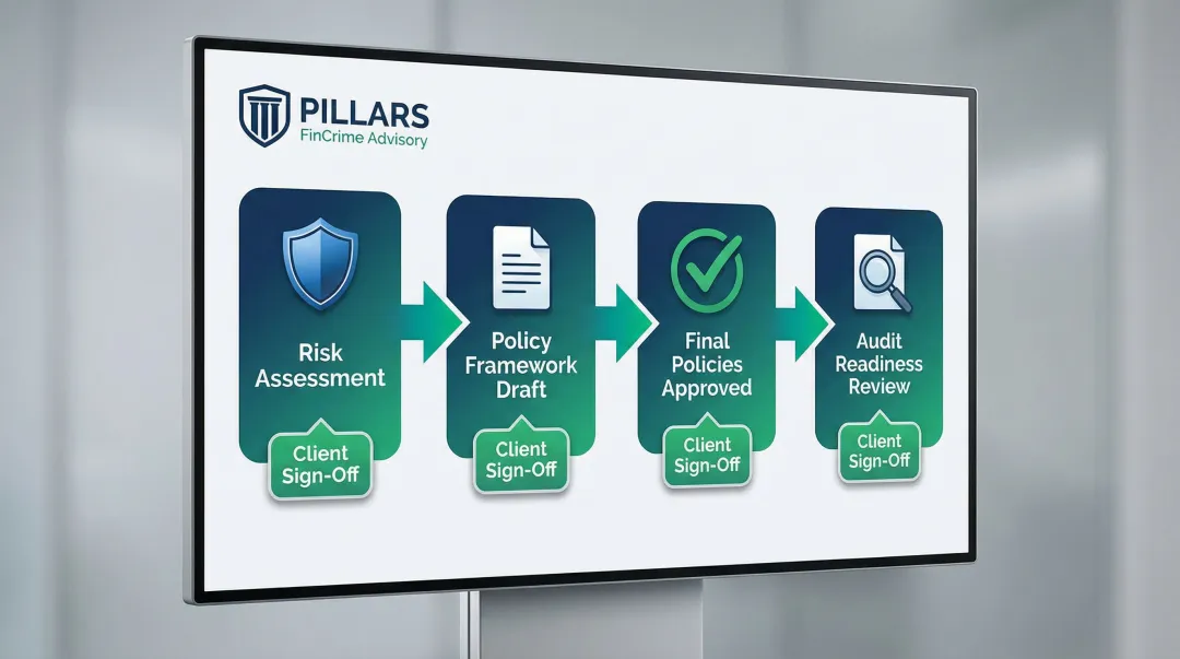 4-milestone AML program buildout process flow with client approval gates