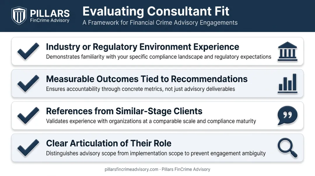 Four-point consultant evaluation checklist for fintech and payments startup founders
