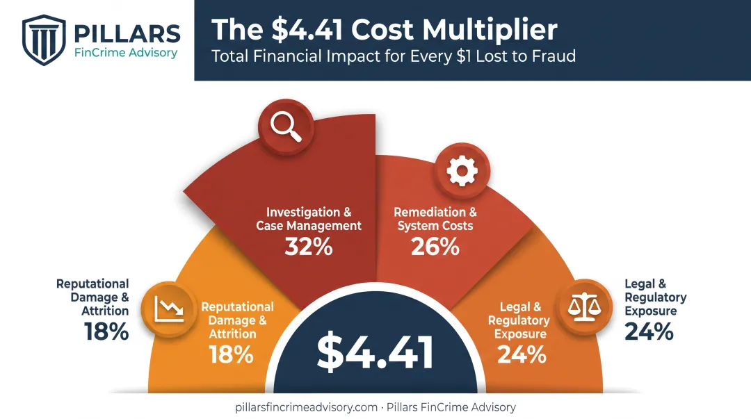 True cost of fraud showing $4.41 total cost breakdown per dollar lost