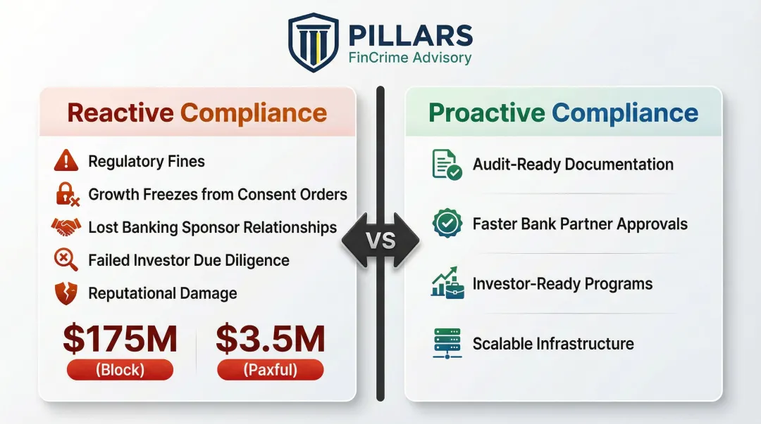 Cost of compliance failures versus proactive investment comparison for fintech startups
