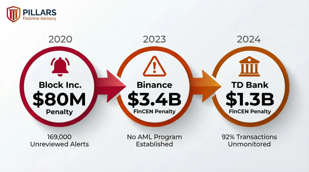 AML compliance enforcement penalties timeline with FinCEN fines and violations
