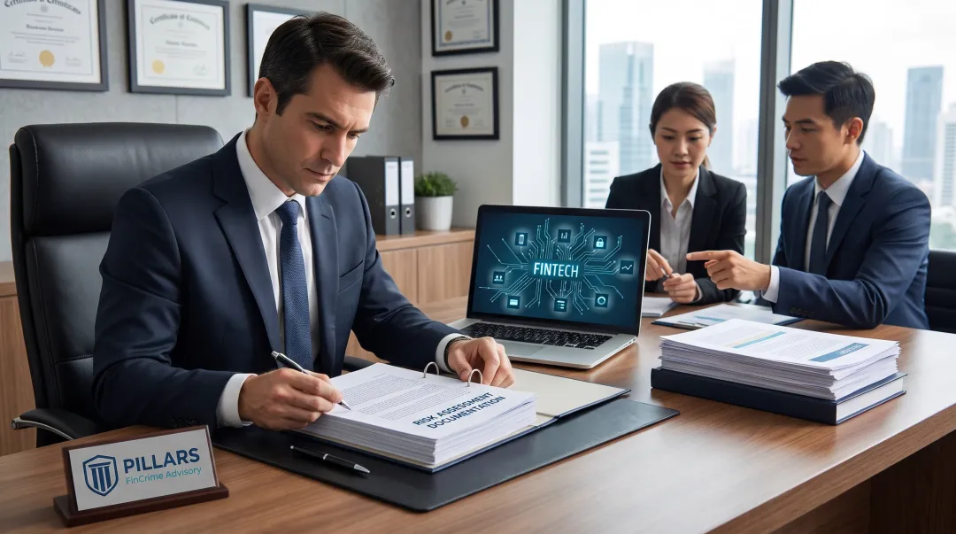 Compliance advisory consultant reviewing fintech risk assessment documentation with client