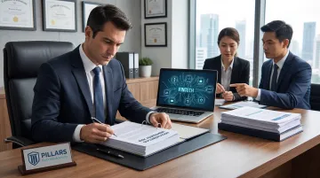Compliance advisory consultant reviewing fintech risk assessment documentation with client