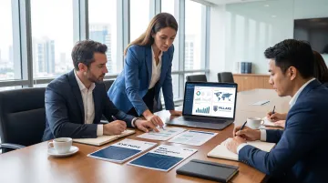 Compliance advisor reviewing KYB program documentation with fintech leadership team