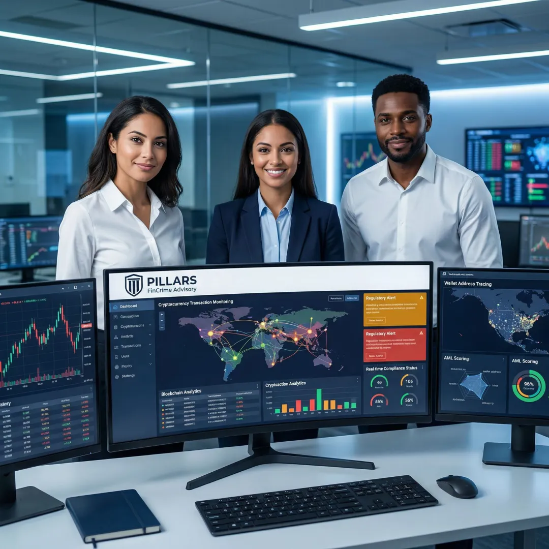 Cryptocurrency compliance professionals analyzing blockchain transaction data on multiple screens
